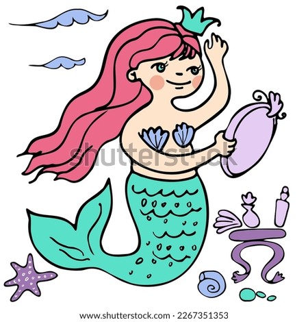 a mermaid with a mirror tries on a crown