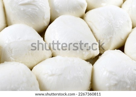 Many fresh white mozzarella cheese balls close up
