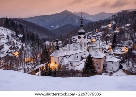 Magic village in early morning, epic winter views, beautiful nature and village in mountains, Slovakia, Spania valley, Spania dolina Royalty-Free Stock Photo #2267376305