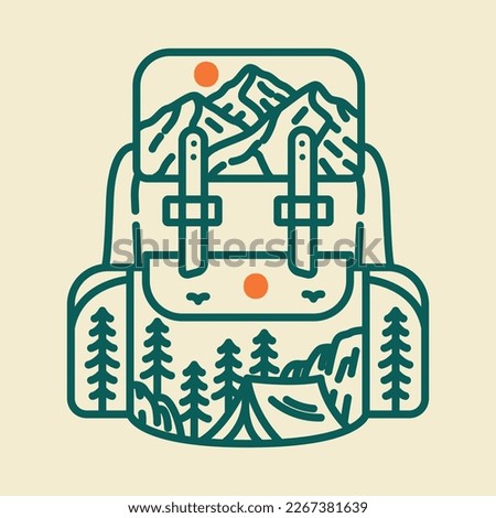 Tourism Motivation Traveller camp knapsack. Backpacking rucksacks for camping mountain climbing, travel backpack hiking tourist trip adventure equipment, Creative vector illustration of bag.