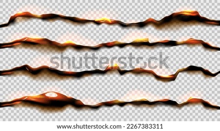 Burning paper frame, hot fire. Smouldering parchment edges, uneven black broken sheets, burnt flame. Scrapbook grunge texture. Vector realistic elements isolated on transparent background Royalty-Free Stock Photo #2267383311
