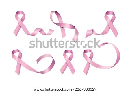 Breast cancer. Ribbon curls. Girls card. Silk woman krebs objects. Cancerous life. Awareness bow symbol. Charity campaign. Bust disease. Realistic satin loop tapes set. Vector 3D concept