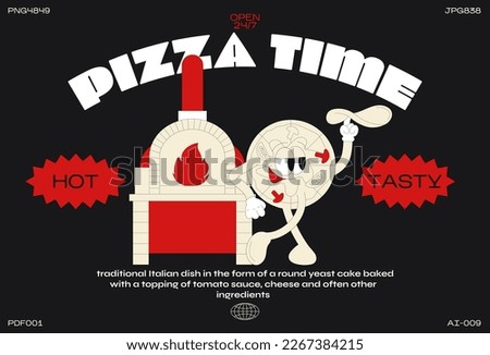 Cartoon characters retro pizza 90s. Fashion poster. funny colorful doodle style characters of pepperoni, pizza oven, pizzeria, salami with gloved hands. Vector groovy illustration with typography