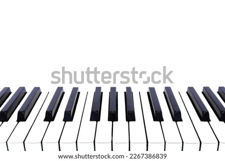 Front view of a piano keyboard. Pure white background. Empty space for text above the image.