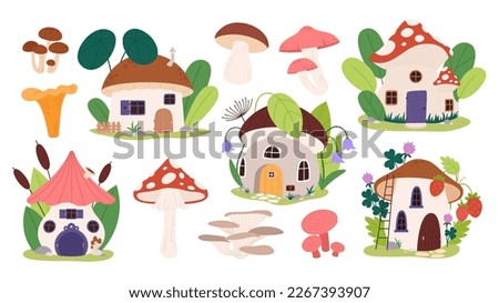 Fairytale mushroom houses, forest fairy home in plants and berries. Mushrooms isolated, cute magic dwarf buildings. Racy magic vector cartoon clipart