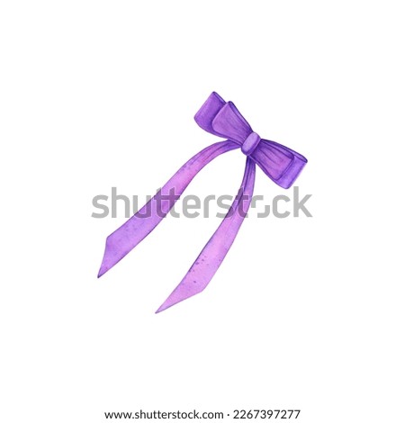 Watercolor illustration a purple ribbon. Hand painted card on white background. Colored illustration for wedding, card, invitation, design.