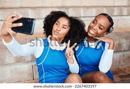 Sports, friends and selfie by netball team on steps with smile, hand and peace sign, happy and relax. Social media, girl and sport influencer pose for photo, profile picture or blog update outdoor