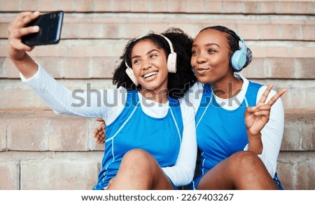Selfie, netball and sports women or friends with headphones for training break, social media post and happy music. Athlete black people, teenager or gen z in profile picture and peace emoji hand