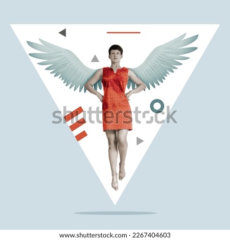 A beautiful and self-confident woman with wings takes off. Art collage. Royalty-Free Stock Photo #2267404603