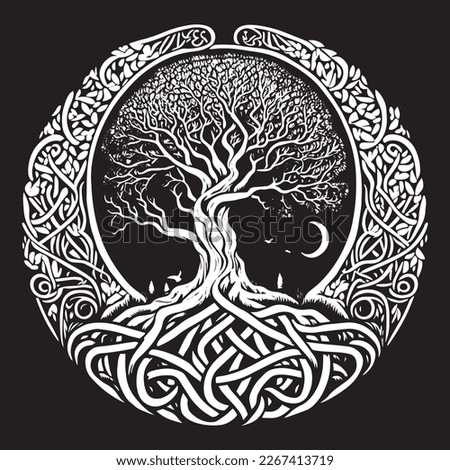Celtic tree of life decorative Vector ornament, Graphic arts, dot work. Grunge vector illustration of the Scandinavian myths with Celtic culture. Royalty-Free Stock Photo #2267413719