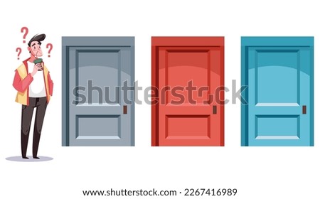Choosing right doors life choice people concept. Person standing front of many doors. Vector flat graphic design element concept illustration