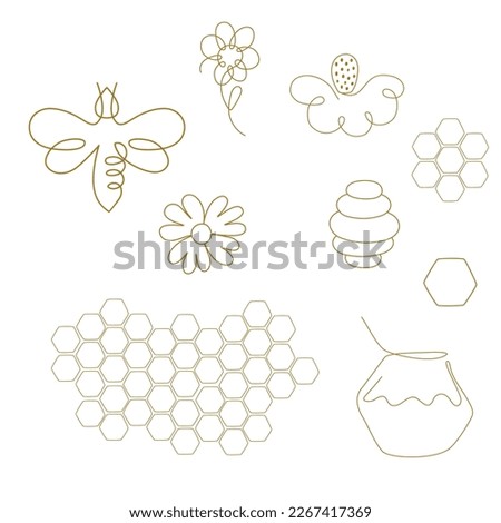 One line honey bee logo set. Single continuous line drawing icons flowers, honey bee, bee jar, beehive honeycomb in one continuous line. Minimalist linear sketch isolated element. Vector illustration.