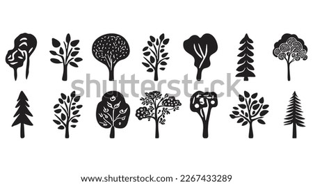 Collection of vector tree motifs for rustic forest illustration. Clip art of woodland hand drawn quirky art. 