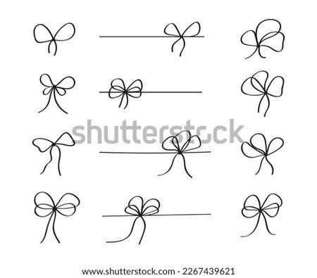 Bow ribbon for gift in doodle style. Line knot elements vector in hand drawn style. Simple elegant stroke bows collection