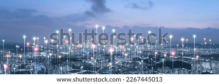 Big data connection technology. Cityscape telecommunication and communication network concept.