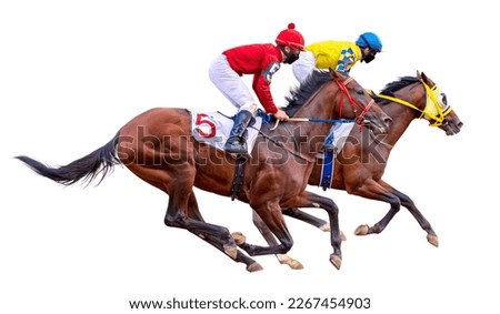 Jockeys on racing horses. Horse sport. Hippodrome. Horses racing. Jockeys. Equestrians. Derby. Isolated on white background Royalty-Free Stock Photo #2267454903
