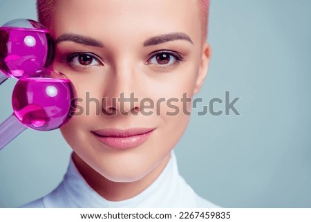 Closeup portrait of woman with perfect facial skin showing removed hair scars wrinkles akne pimples no operation way Royalty-Free Stock Photo #2267459835
