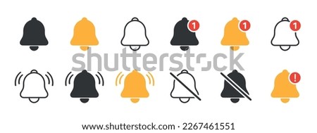 Notification bell icon set. Incoming inbox message. Ringing bell, reminder or subscriber sign for apps, smartphone, alarm alert. Vector Illustration Royalty-Free Stock Photo #2267461551