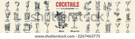 Alcoholic cocktails hand drawn vector illustration. Sketch set. Moscow mule, bloody mary, pina colada, mojito, margarita, daiquiri, Mimosa, long island iced tea, Bellini, margarita. Royalty-Free Stock Photo #2267463775