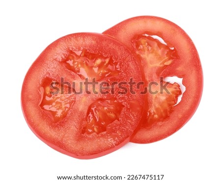 Slices of tomato for burger isolated on white, top view
