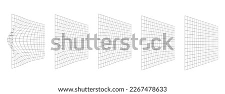 Process of grid distortion. Set of mesh warped textures. Net with convex effect. Geometric deformation. Gravity phenomenon. Bented lattice surface. Vector graphic illustration Royalty-Free Stock Photo #2267478633