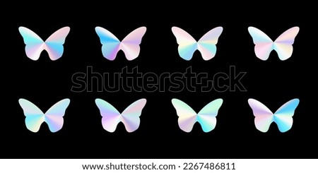 Set of butterfly shaped holograms. Rainbow color gradient. Multicolored texture.3d vector illustration on a black background.