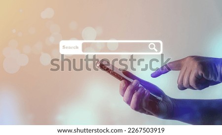 Man hand touching searching on smartphone to search engine information, internet of things (IOT).