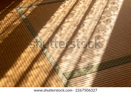 The shadow of the curtain that fell on the tatami mat in the room Royalty-Free Stock Photo #2267506327
