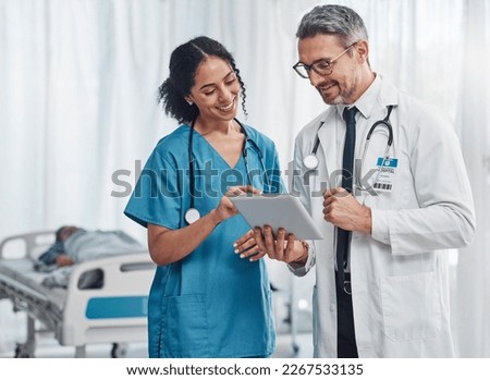 Digital tablet, collaboration and team of doctors analyzing results or diagnosis of patient in clinic. Teamwork, medical and healthcare workers in discussion and research on mobile device in hospital Royalty-Free Stock Photo #2267533135