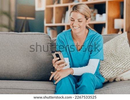 Nurse, phone and happy with social media, post or funny meme on sofa in home. Woman with healthcare, medical and wellness app on mobile technology or search internet, reading news and text contact