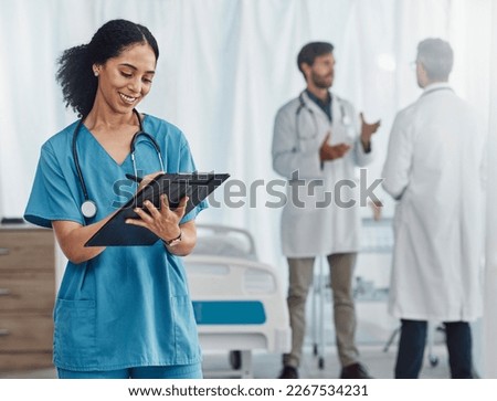 Doctor, clipboard or black woman writing checklist for healthcare notes, medical information or prescription. Nurse, medicine or worker for documents, wellness report planning or paper administration