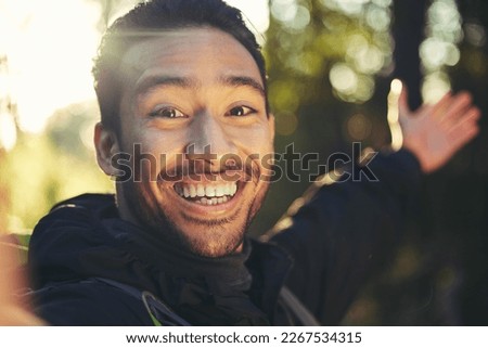 Hiking man, portrait or selfie in forest, nature woods or trees environment for travel blog, social media or profile picture. Smile, happy or hiker face in photography for Japanese fitness influencer