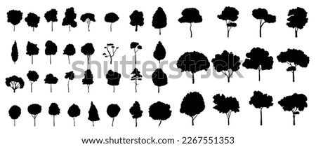Set of trees silhouette vector. Forest trees, jungle plants, nature and ecology related vector symbol hand drawn collection isolated on white background. Design for logo, sticker, branding, artwork.