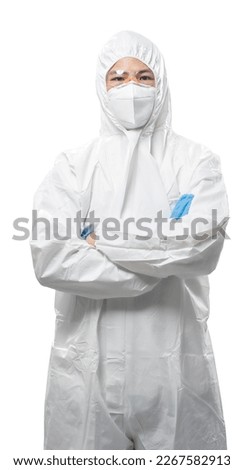 Worker wears medical protective suit or white coverall suit with mask and goggles fold arms isolated on white background Royalty-Free Stock Photo #2267582913