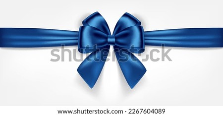 Satin decorative blue bow with horizontal ribbon isolated on white background. Vector blue bow and ribbon Royalty-Free Stock Photo #2267604089