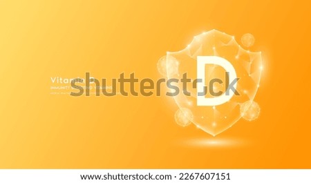 Vitamin D shield polygonal translucent orange. Immunity boosting vitamins. Medical innovation protect your body healthy. Shield low poly triangle modern futuristic protection. Banner vector. Royalty-Free Stock Photo #2267607151