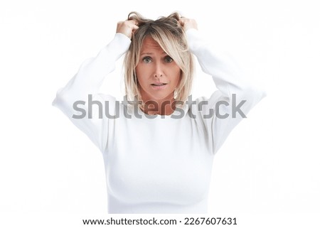Picture of blonde woman isolated over white background