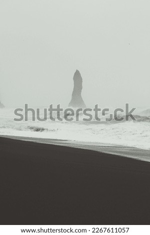 High stone in stormy sea monochrome landscape photo. Beautiful nature scenery photography with fog on background. Idyllic scene. High quality picture for wallpaper, travel blog, magazine, article