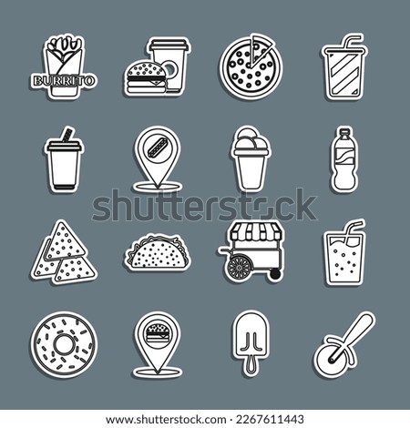Set line Pizza knife, Glass with water, Bottle of, Location hotdog, Burrito and Ice cream icon. Vector