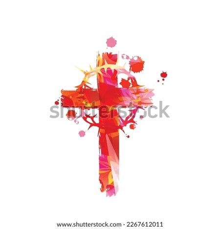 Christian cross with Crown of Thorns in red color, isolated vector illustration. Religion themed design for Christianity and church service. Wreath of thorns concept for sacrifice. Endurance symbol