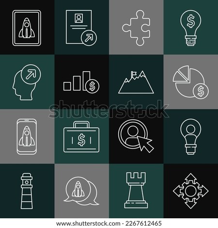 Set line Project team base, Head with lamp bulb, Pie chart and dollar, Piece of puzzle, hunting concept, Startup project and Mountains flag icon. Vector
