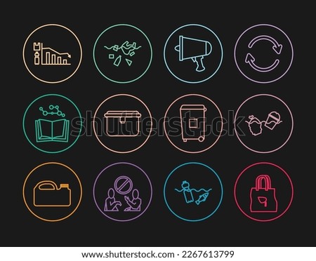 Set line Shopping bag with recycle, Problem pollution of the ocean, Spread word, megaphone, Lunch box, Open book, Ecology infographic, Trash can and planet icon. Vector