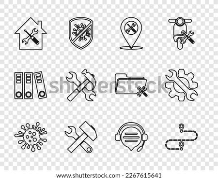 Set line Bacteria, Route location, Location service, Crossed hammer and wrench, House, Headphones with speech bubble chat and Wrench gear icon. Vector