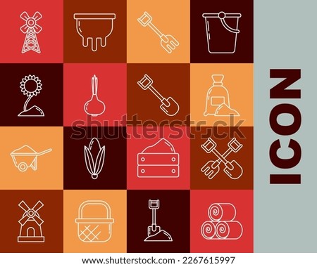 Set line Roll of hay, Shovel and rake, Bag flour, Garden, Onion, Sunflower, Windmill and  icon. Vector
