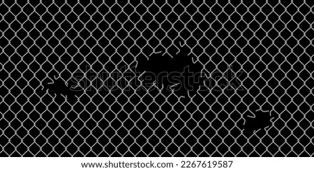 Holes in wire mesh of steel fence vector illustration. 3d realistic torn metal chains of net cage or construction barrier, broken boundary iron wires and chainlink of prison or metallic safety border. Royalty-Free Stock Photo #2267619587
