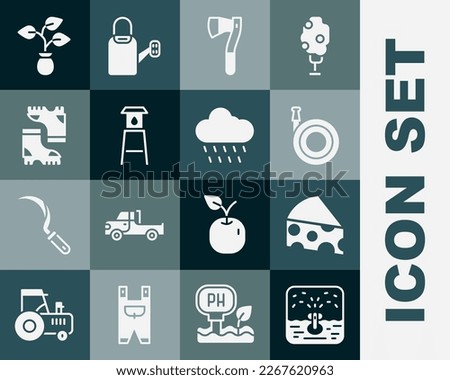 Set Automatic irrigation sprinklers, Cheese, Garden hose, Wooden axe, Water tower, Waterproof rubber boot, Plant and Cloud with rain icon. Vector