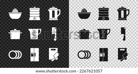 Set Citrus fruit juicer, Slow cooker, Electric kettle, Plate, Refrigerator, Cutting board and meat chopper, Cooking pot and Measuring cup icon. Vector
