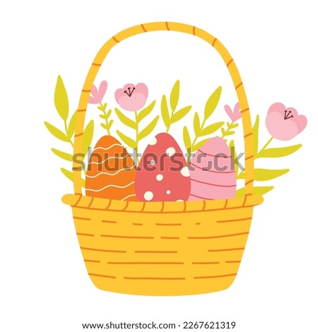 Easter eggs in a basket with flowers. Vector illustration. Basket with flowers, eggs. Flat style. Royalty-Free Stock Photo #2267621319