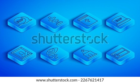 Set line Speech bubble rip death, Grave with cross, Holy bible book, Tear cry eye, Old crypt, Tombstone RIP written, Mourning photo frame and Beat dead monitor icon. Vector
