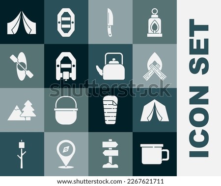 Set Camping metal mug, Tourist tent, Campfire, Knife, Rafting boat, Kayak or canoe,  and Kettle with handle icon. Vector
